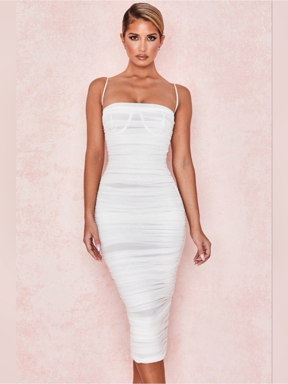 House of CB Sirene White Gathered Organza Mesh Dress M